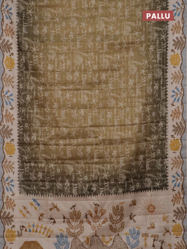 Semi tussar saree mehendi green and cream with allover zari checks & warli prints  and printed border