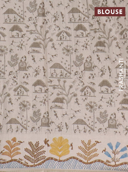 Semi tussar saree mehendi green and cream with allover zari checks & warli prints  and printed border