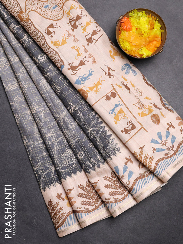 Semi tussar saree Gray and cream with allover zari checks & warli prints  and printed border