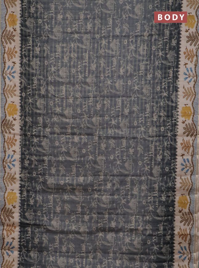 Semi tussar saree Gray and cream with allover zari checks & warli prints  and printed border