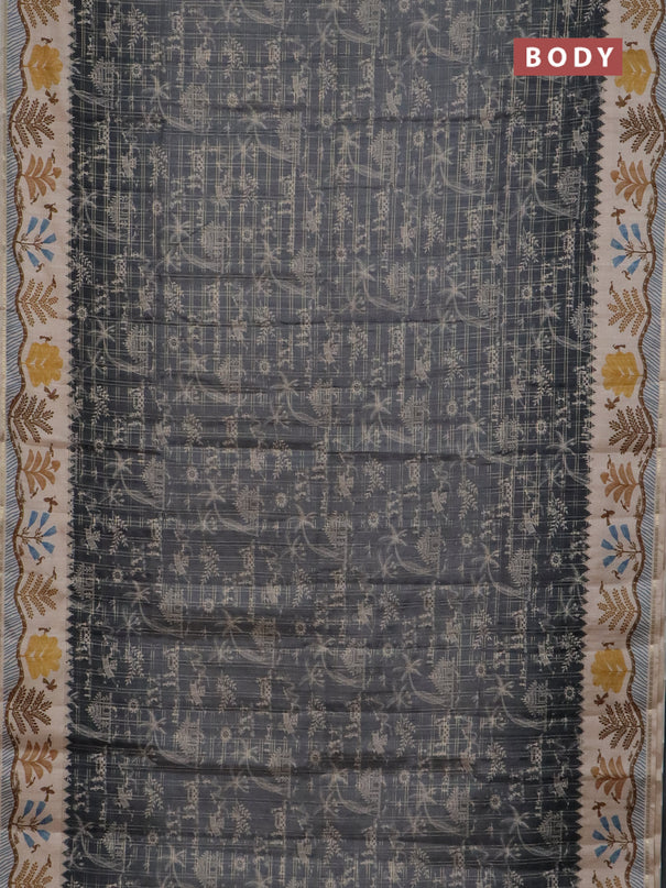Semi tussar saree Gray and cream with allover zari checks & warli prints  and printed border