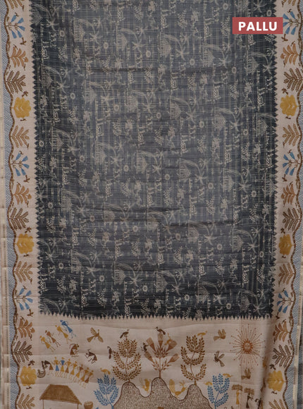 Semi tussar saree Gray and cream with allover zari checks & warli prints  and printed border