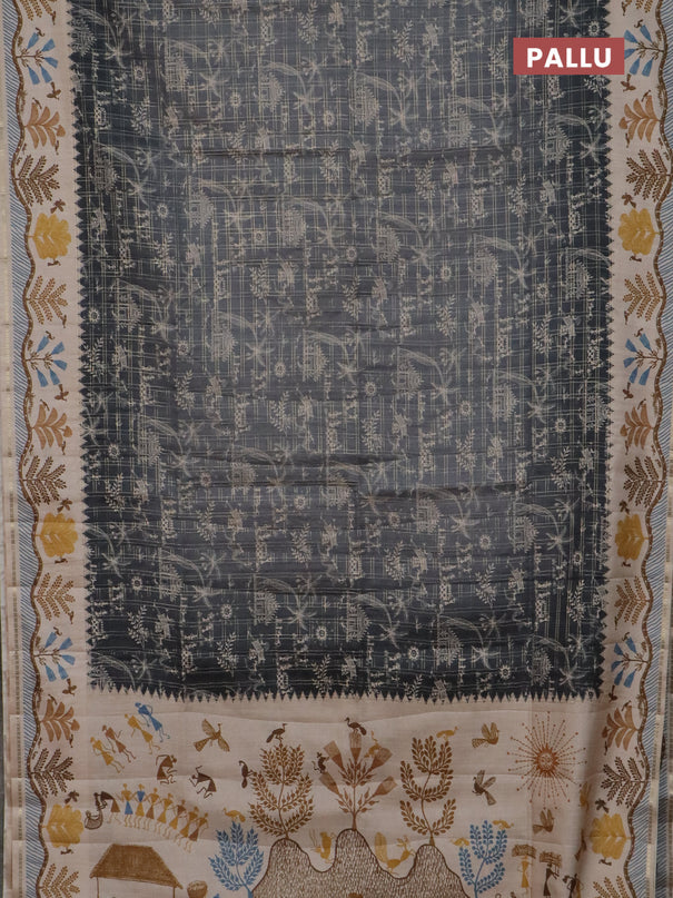 Semi tussar saree Gray and cream with allover zari checks & warli prints  and printed border