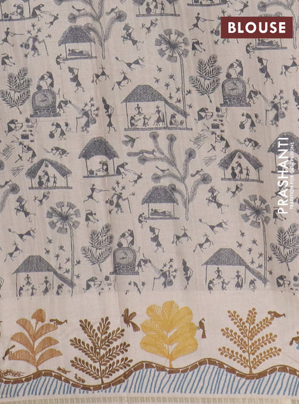 Semi tussar saree Gray and cream with allover zari checks & warli prints  and printed border