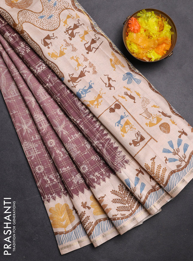 Semi tussar saree brown and cream with allover zari checks & warli prints  and printed border