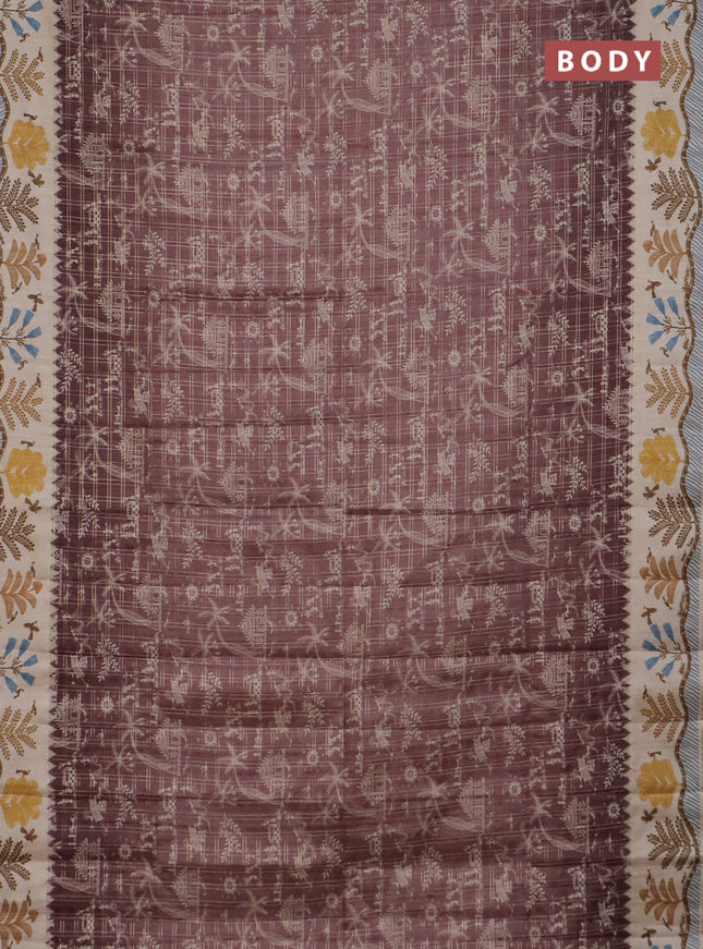 Semi tussar saree brown and cream with allover zari checks & warli prints  and printed border