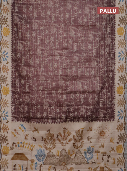 Semi tussar saree brown and cream with allover zari checks & warli prints  and printed border