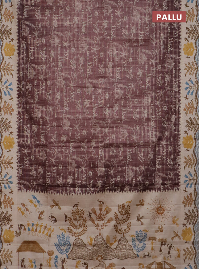 Semi tussar saree brown and cream with allover zari checks & warli prints  and printed border