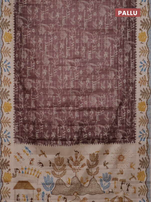 Semi tussar saree brown and cream with allover zari checks & warli prints  and printed border