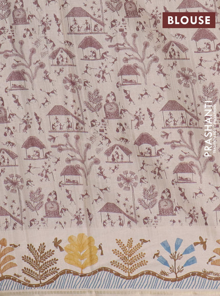 Semi tussar saree brown and cream with allover zari checks & warli prints  and printed border
