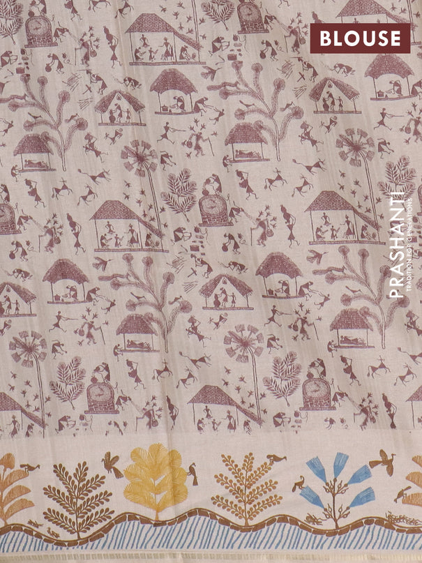 Semi tussar saree brown and cream with allover zari checks & warli prints  and printed border