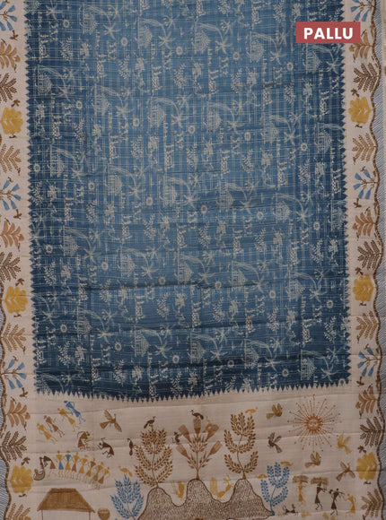 Semi tussar saree blue and cream with allover zari checks & warli prints  and printed border