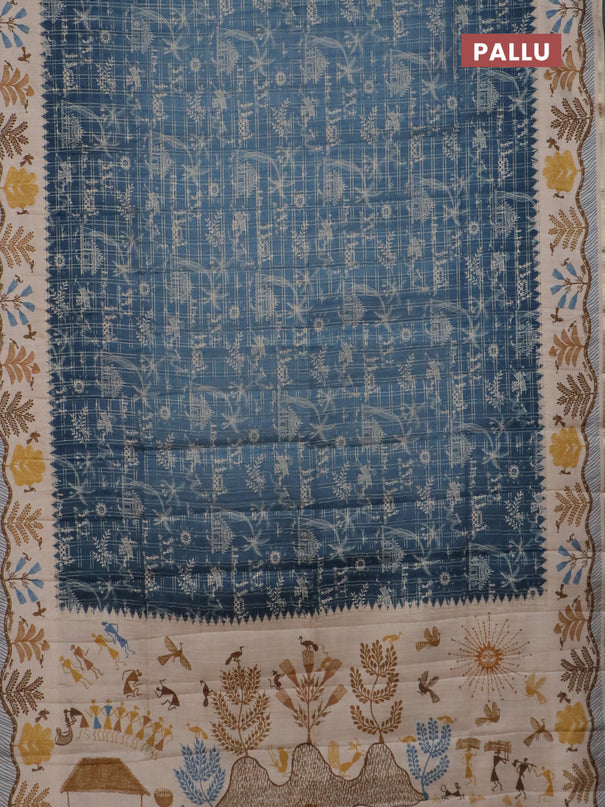 Semi tussar saree blue and cream with allover zari checks & warli prints  and printed border