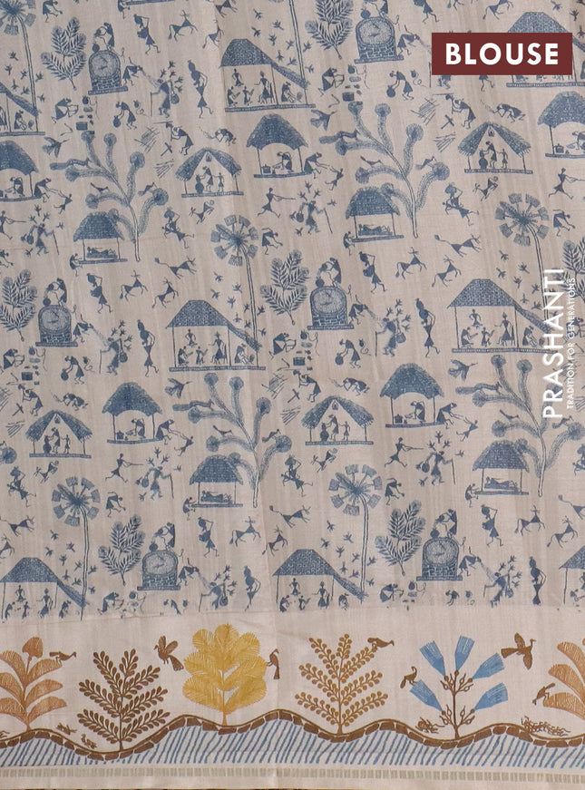 Semi tussar saree blue and cream with allover zari checks & warli prints  and printed border