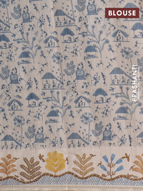Semi tussar saree blue and cream with allover zari checks & warli prints  and printed border