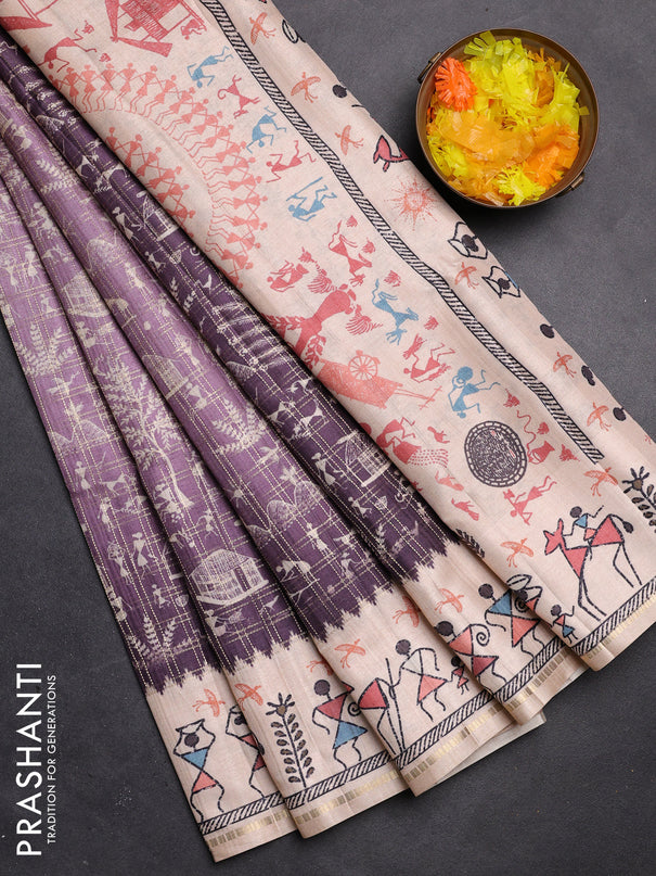 Semi tussar saree lavender shade and cream with allover zari checks & warli prints  and printed border