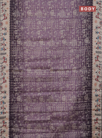 Semi tussar saree lavender shade and cream with allover zari checks & warli prints  and printed border