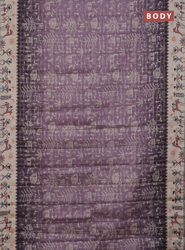 Semi tussar saree lavender shade and cream with allover zari checks & warli prints  and printed border