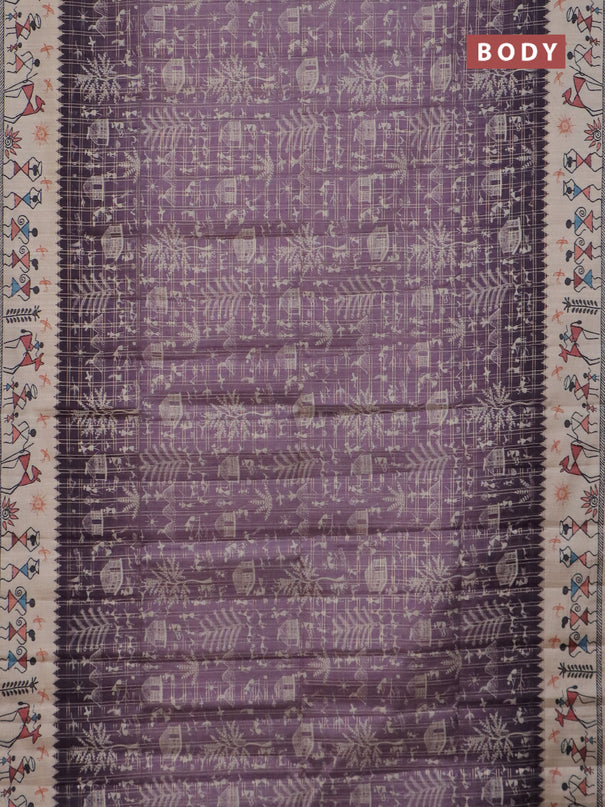 Semi tussar saree lavender shade and cream with allover zari checks & warli prints  and printed border