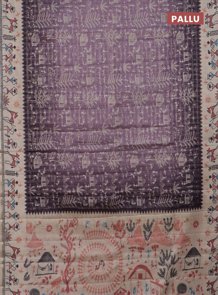 Semi tussar saree lavender shade and cream with allover zari checks & warli prints  and printed border