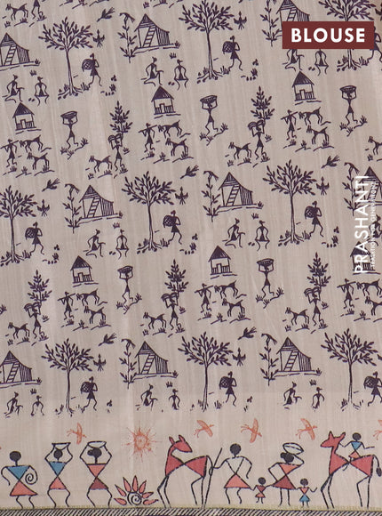 Semi tussar saree lavender shade and cream with allover zari checks & warli prints  and printed border