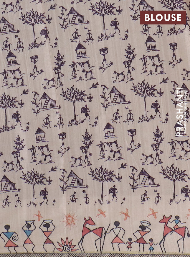 Semi tussar saree lavender shade and cream with allover zari checks & warli prints  and printed border