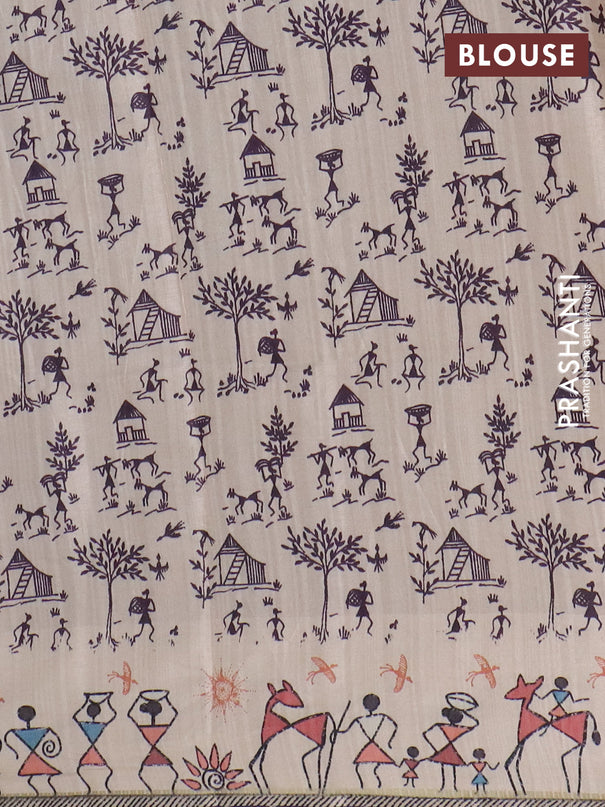 Semi tussar saree lavender shade and cream with allover zari checks & warli prints  and printed border