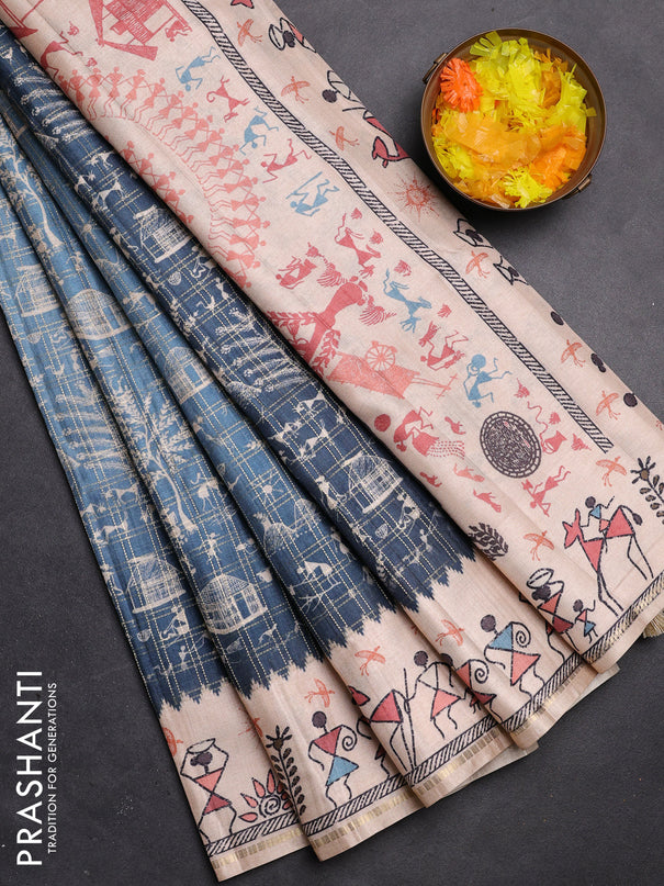 Semi tussar saree blue and cream with allover zari checks & warli prints  and printed border
