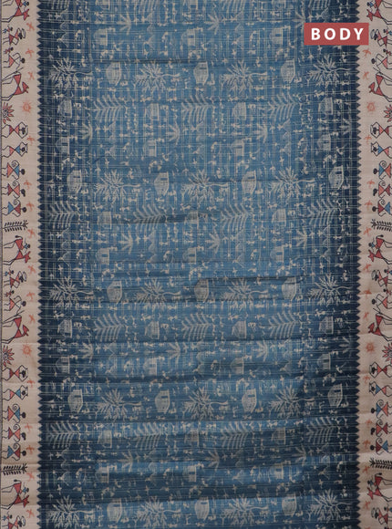 Semi tussar saree blue and cream with allover zari checks & warli prints  and printed border