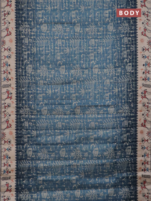 Semi tussar saree blue and cream with allover zari checks & warli prints  and printed border
