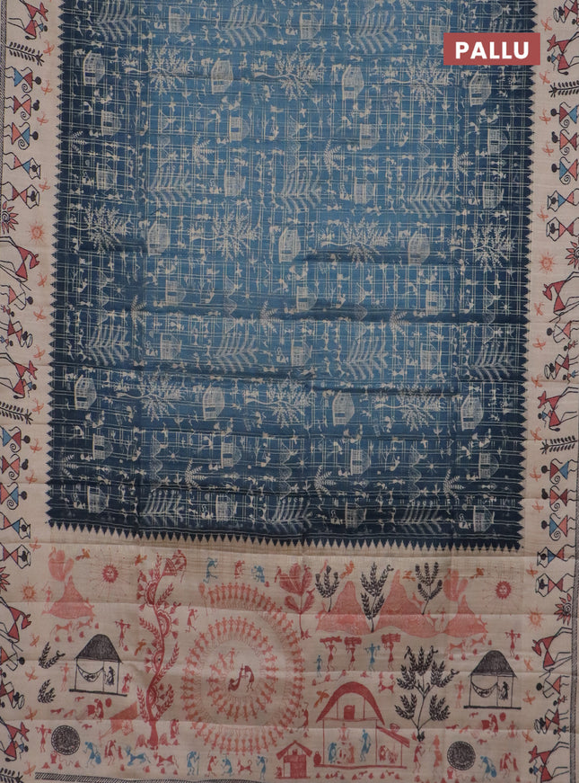 Semi tussar saree blue and cream with allover zari checks & warli prints  and printed border