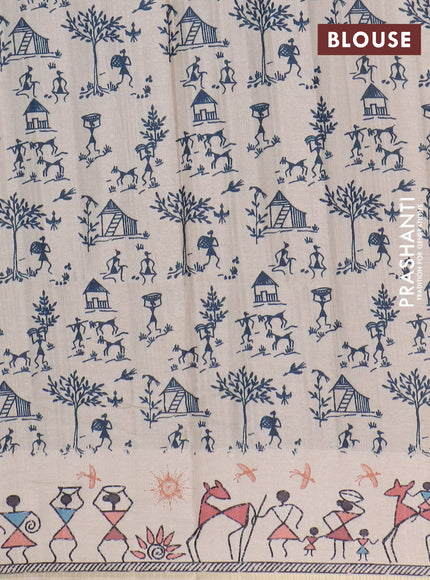 Semi tussar saree blue and cream with allover zari checks & warli prints  and printed border