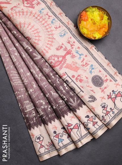 Semi tussar saree pastel brown and cream with allover zari checks & warli prints  and printed border