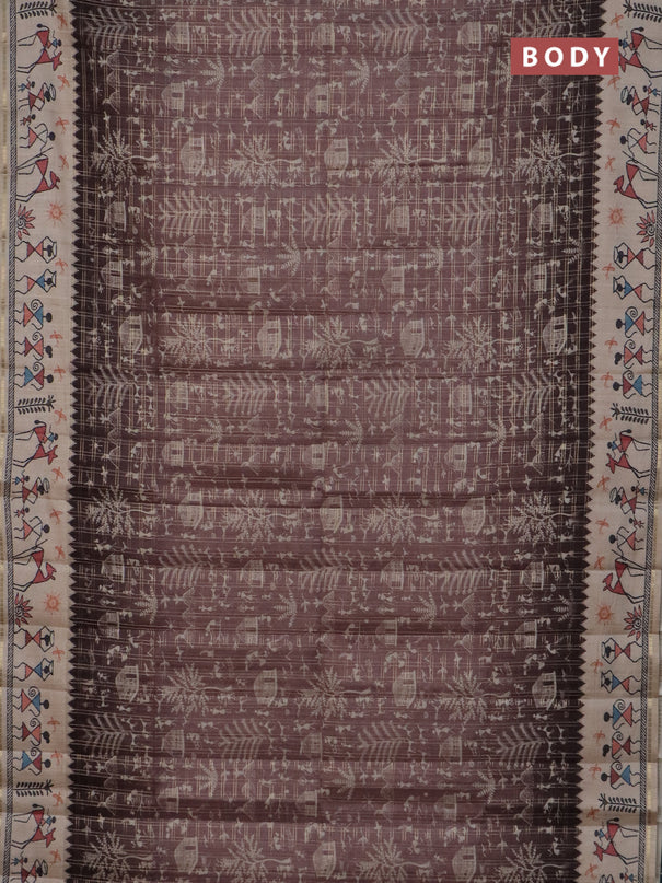Semi tussar saree pastel brown and cream with allover zari checks & warli prints  and printed border