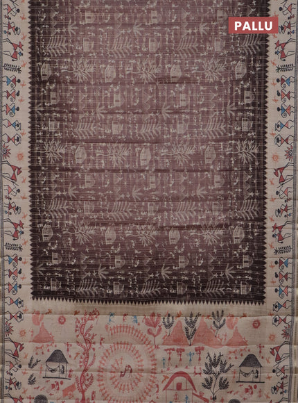 Semi tussar saree pastel brown and cream with allover zari checks & warli prints  and printed border