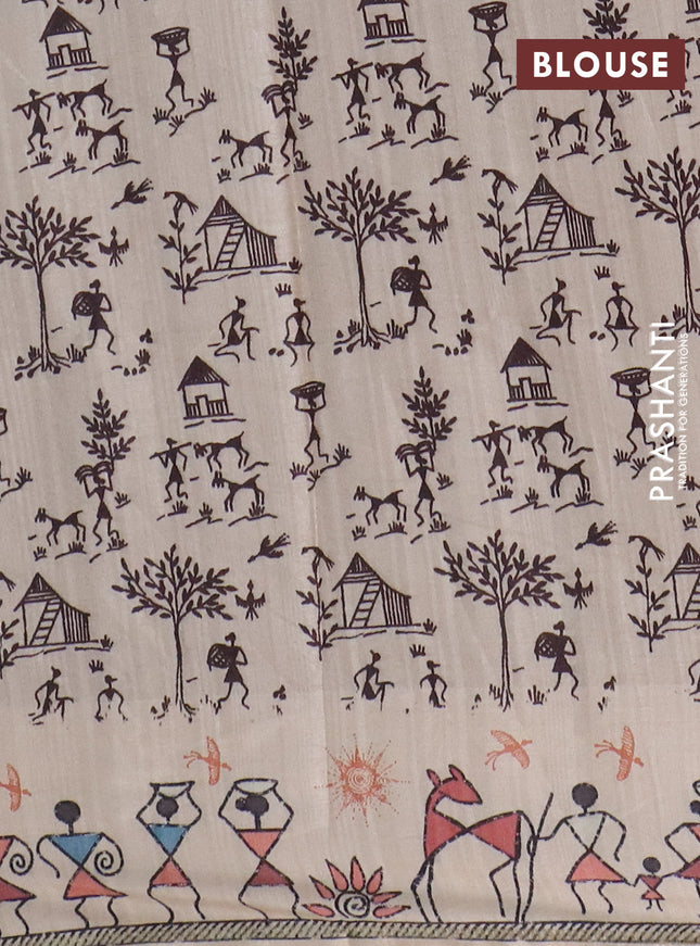 Semi tussar saree pastel brown and cream with allover zari checks & warli prints  and printed border