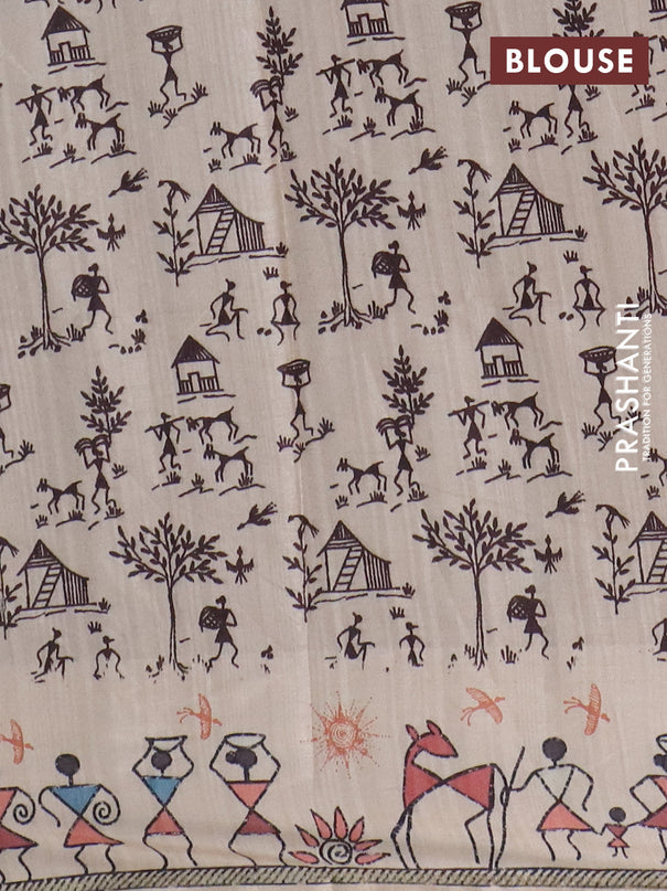 Semi tussar saree pastel brown and cream with allover zari checks & warli prints  and printed border