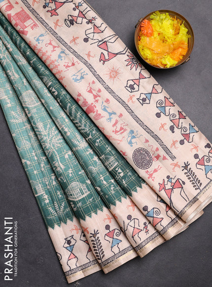 Semi tussar saree teal green and cream with allover zari checks & warli prints  and printed border