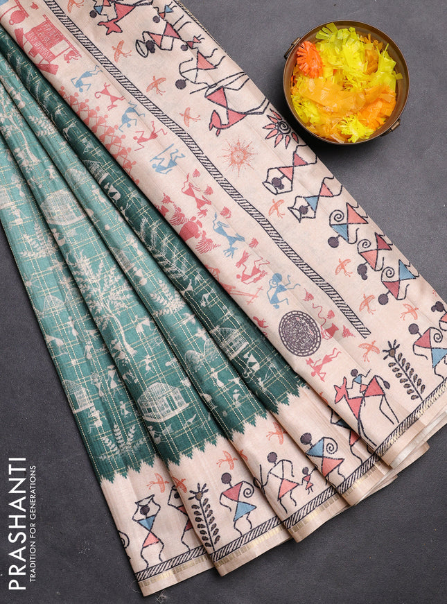 Semi tussar saree teal green and cream with allover zari checks & warli prints  and printed border