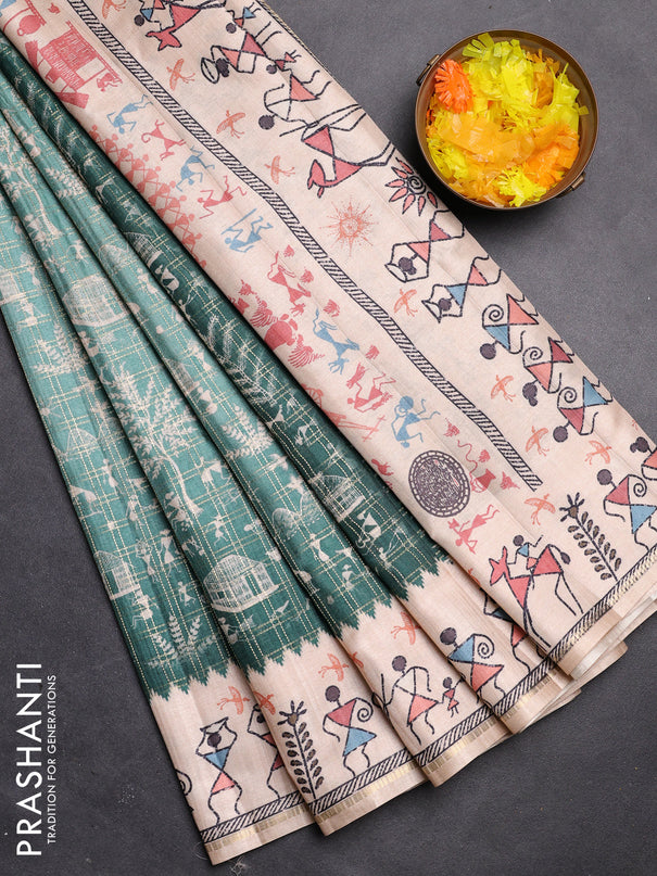 Semi tussar saree teal green and cream with allover zari checks & warli prints  and printed border