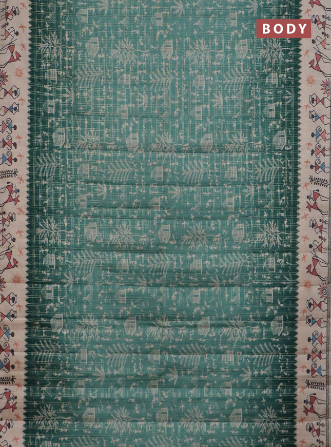 Semi tussar saree teal green and cream with allover zari checks & warli prints  and printed border
