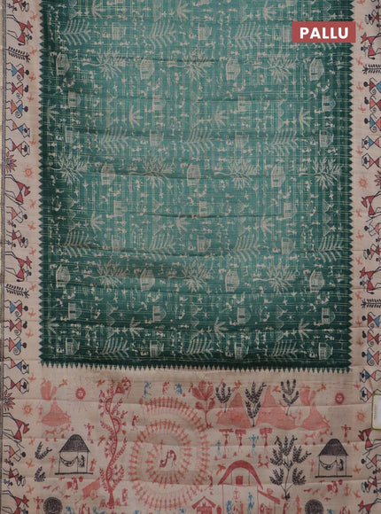 Semi tussar saree teal green and cream with allover zari checks & warli prints  and printed border