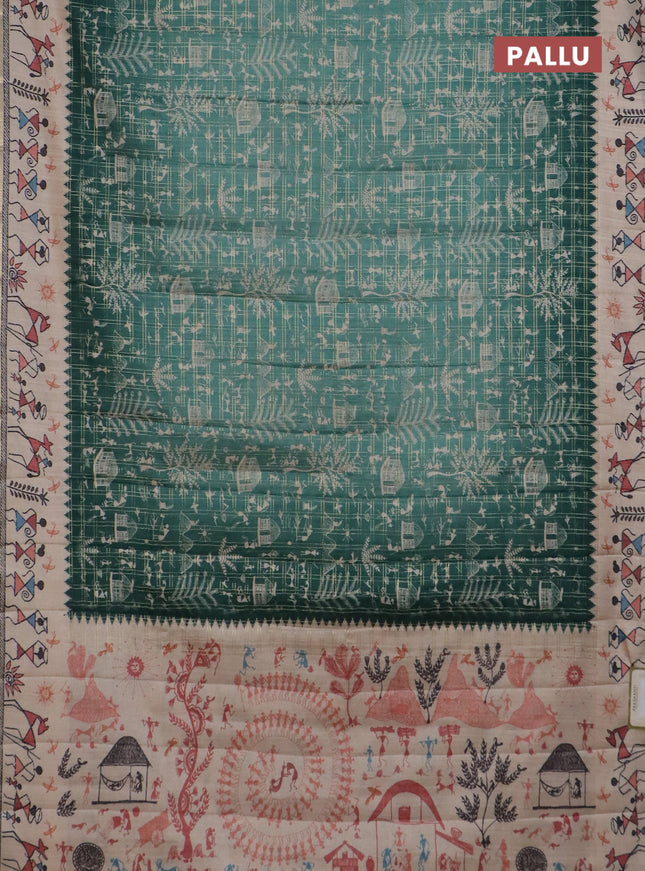Semi tussar saree teal green and cream with allover zari checks & warli prints  and printed border