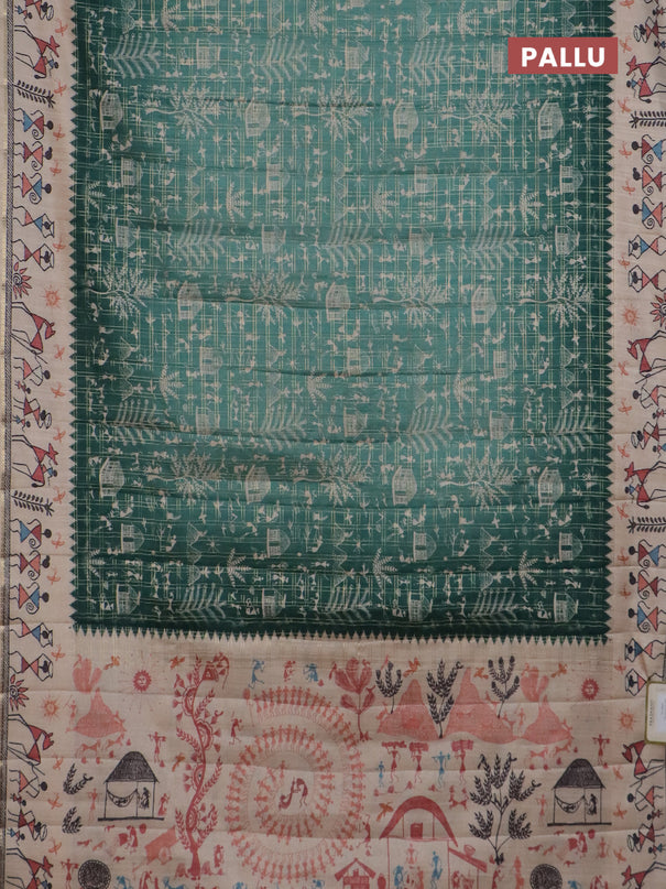 Semi tussar saree teal green and cream with allover zari checks & warli prints  and printed border