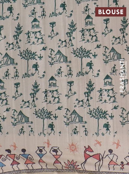 Semi tussar saree teal green and cream with allover zari checks & warli prints  and printed border