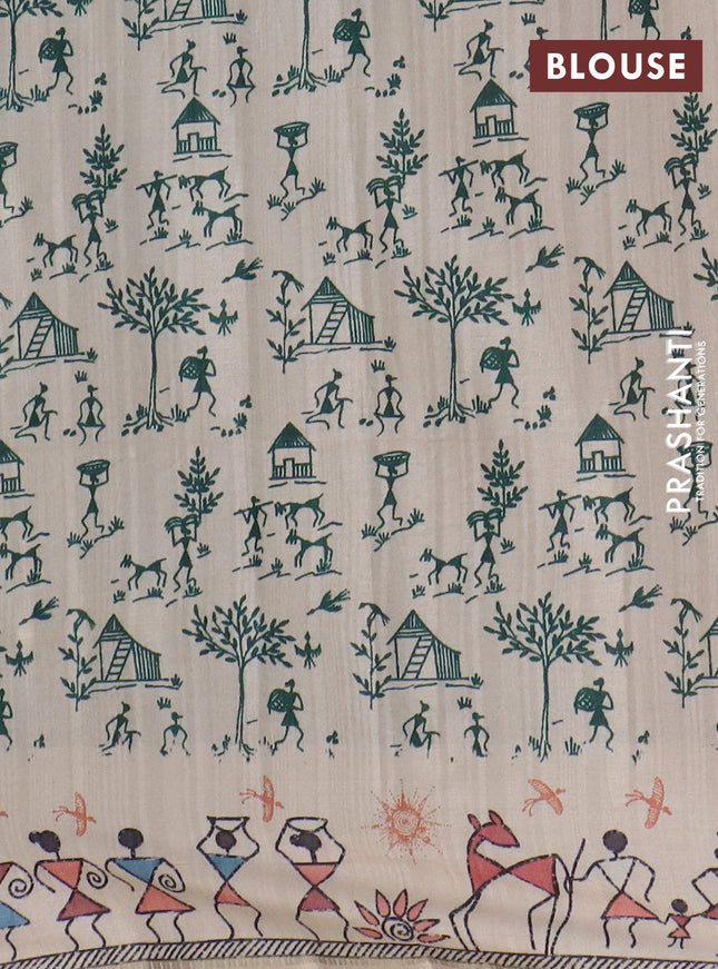 Semi tussar saree teal green and cream with allover zari checks & warli prints  and printed border