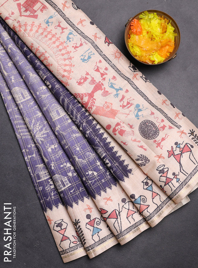 Semi tussar saree purple and cream with allover zari checks & warli prints  and printed border