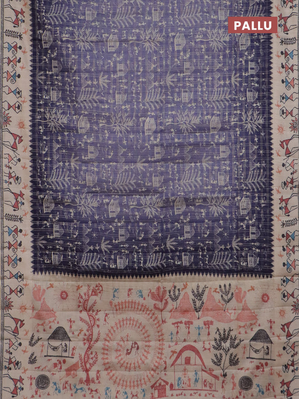 Semi tussar saree purple and cream with allover zari checks & warli prints  and printed border