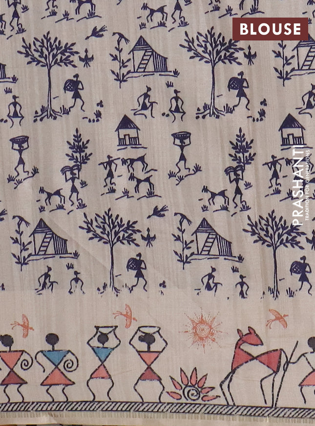 Semi tussar saree purple and cream with allover zari checks & warli prints  and printed border