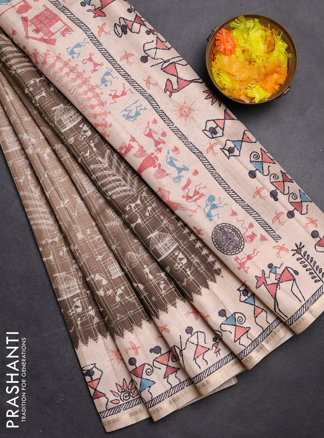Semi tussar saree sap green and cream with allover zari checks & warli prints  and printed border